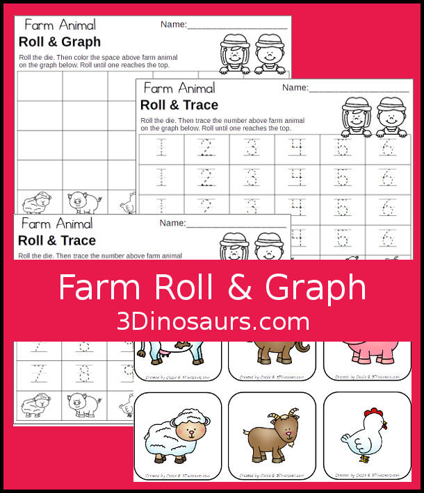 Free Farm Roll and Graph with black graphing worksheets and number tracing worksheets for numbers 1 to 6 and 7 to 12. - 3Dinosaurs.com