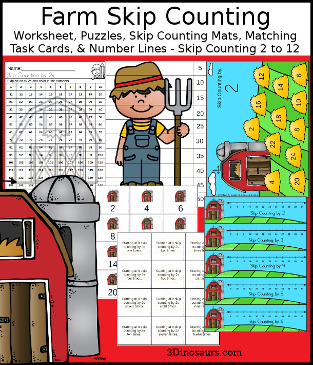 Farm Skip Counting Set - with no-prep Farm worksheets, Farm skip counting mats, Farm skip counting 10 piece puzzles, and Farm task cards to work on skip counting from 2 to 12 - 3Dinosaurs.com