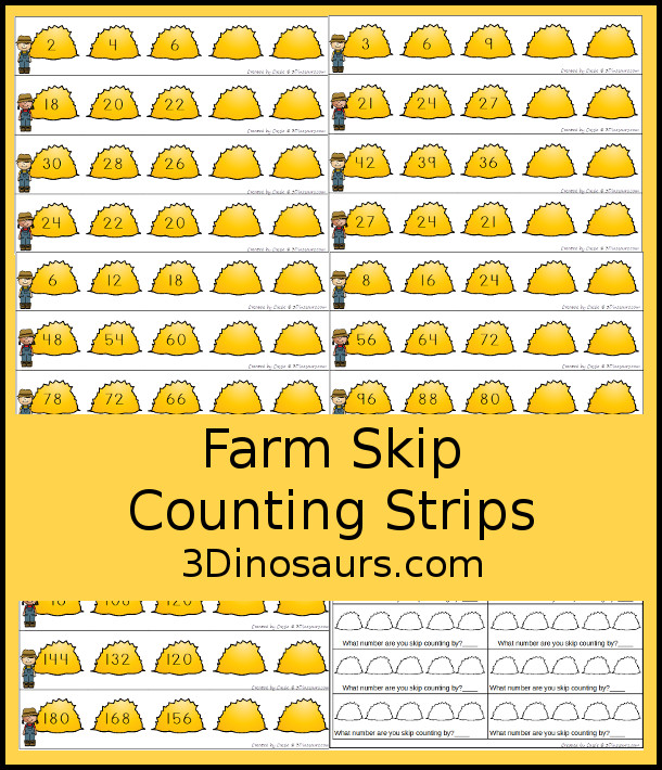 Free Farm Skip Counting Strips - a fun haystack skip counting printable with skip counting from 1 to 12 for kids to work on skip counting forward and backward with a fun recording sheet - 3Dinosaurs.com