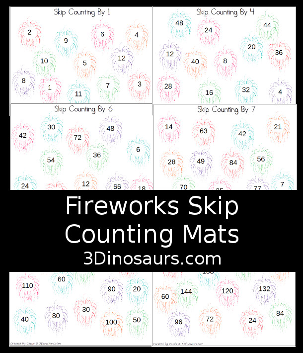 Free Fireworks Skip Counting Mats from 1 to 12 - 12 mat to work on skip counting with numbers from 1 to 12 - An easy way to work on skip counting  - 3Dinosaurs.com