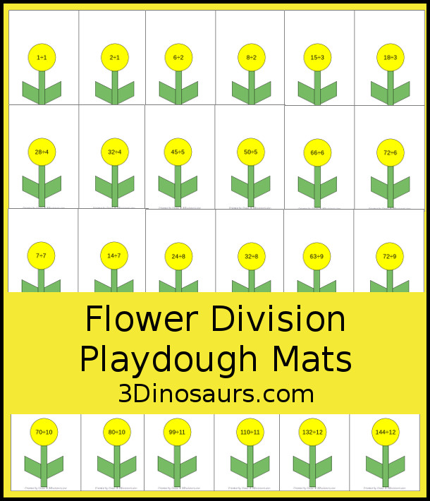 Free Flower Division Mat Printables - with 12 division flower mats for each number 1 to 12. You have two playdough mats on each page, where kids solve each division problem by making that make flower petals for the answer for each division mat - 3Dinosaurs.com