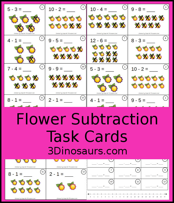 Free Flower Subtraction Task Cards - 3Dinosaurs.com