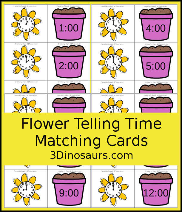 Free Flower Telling Time Matching Cards - with hourly matching cards with analog clock and digital clock with 12 matching paints for each of the hours on a clock  - 3Dinosaurs.com