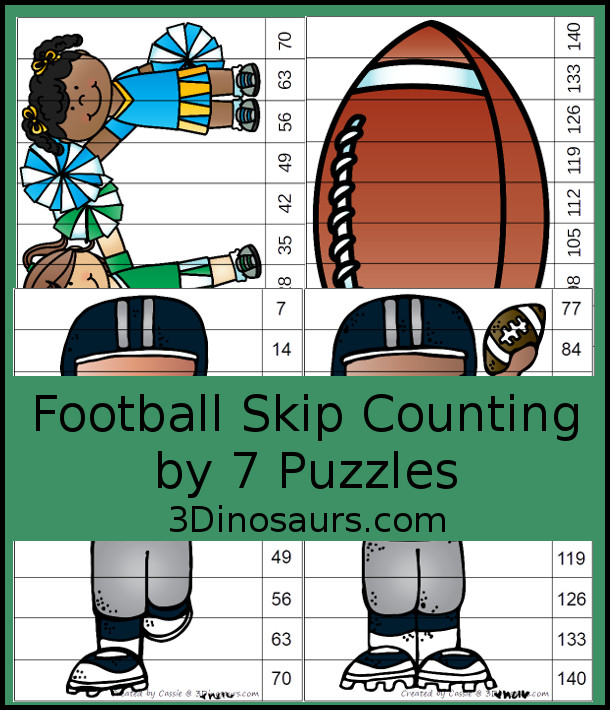 Free Football Skip Counting by 7 Puzzles - with 4 puzzles working on skip counting from 7 to 70 and 77 to 140  - 3Dinosaurs.com