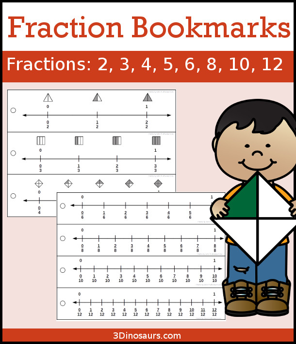 Fraction Number Line Bookmarks - a great hands-on math tool to help kids see fractions on a number line. You have 2, 3, 4, 5, 6, 8, 10, 12 for fraction numbers with teacher print and single print - 3Dinosaurs.com