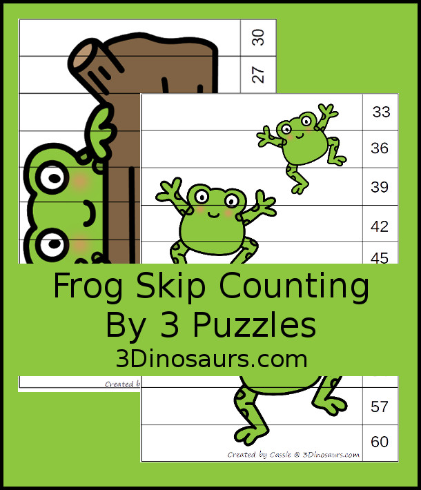 Free Frog Skip Counting by 3 Puzzles - with two free skip counting puzzle with 3 to 30 and 33 to 60 for the numbers - 3Dinosaurs.com