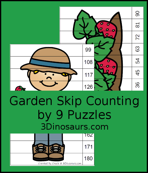 Free Garden Skip Counting by 9 Puzzles - you have two 10 piece skip counting by 9 puzzles: 9 to 90 and 99 to 180 with a puzzle building mat included- 3Dinosaurs.com