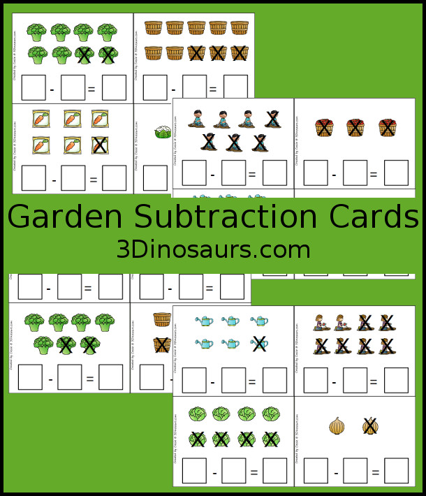 Free Garden Themed Subtraction Cards - 4 pages of subtraction cards for kids to fill out - 3Dinosaurs.com