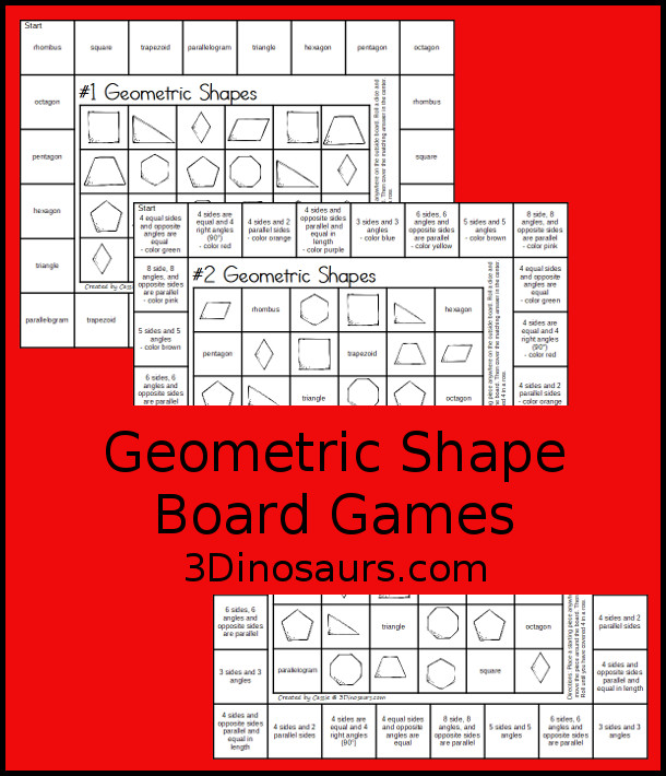 Free Geometric Shapes Board Games to work on 8 shapes: rhombus, square, trapezoid, triangle, hexagon, pentagon, and octagon with two boards for kids to use - 3Dinosaurs.com