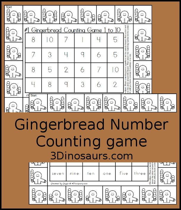 Free Gingerbread Counting Game Numbers 1 to 10 Printables - You have two printable games with gingerbread and gumdrop for kids to count the gumdrops and find the matching number in the game to get four in a row.- 3Dinosaurs.com