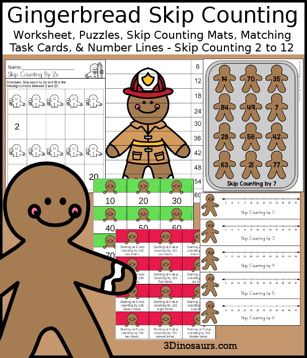 Gingerbread Skip Counting Set - with no-prep gingerbread worksheets, gingerbread skip counting mats, gingerbread skip counting 10 piece puzzles, and gingerbread task cards to work on skip counting from 2 to 12 - 3Dinosaurs.com