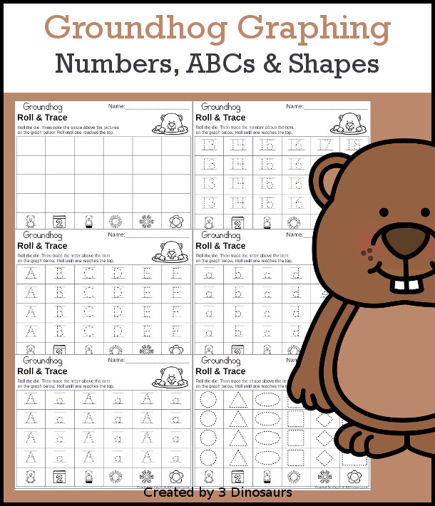 Groundhog Roll & Graph With Trace Letters, Numbers & Shapes with a folding die and cube die with a graphing sheet, graphing with tracing numbers, graphing with tracing letters and graphing with tracing shapes. All with a fun groundhog theme for Groundhog Day for prek and kindergarten - 3Dinosaurs.com