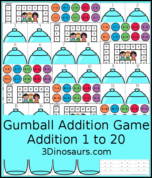 Free Gumball Addition Game: Addition from 1 to 20 - You have 5 game boards with addition for 4 numbers on each board game. You have board games, addition fact gumballs, sorting candy jars, and a recording sheet. - 3Dinosaurs.com