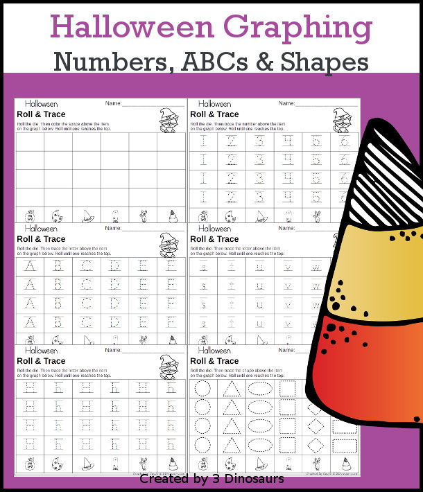 Halloween Roll & Graph With Trace Letters, Numbers & Shapes with a folding die and cube die with a graphing sheet, graphing with tracing numbers, graphing with tracing letters and graphing with tracing shapes. All with a fun Halloween theme for prek and kindergarten - 3Dinosaurs.com