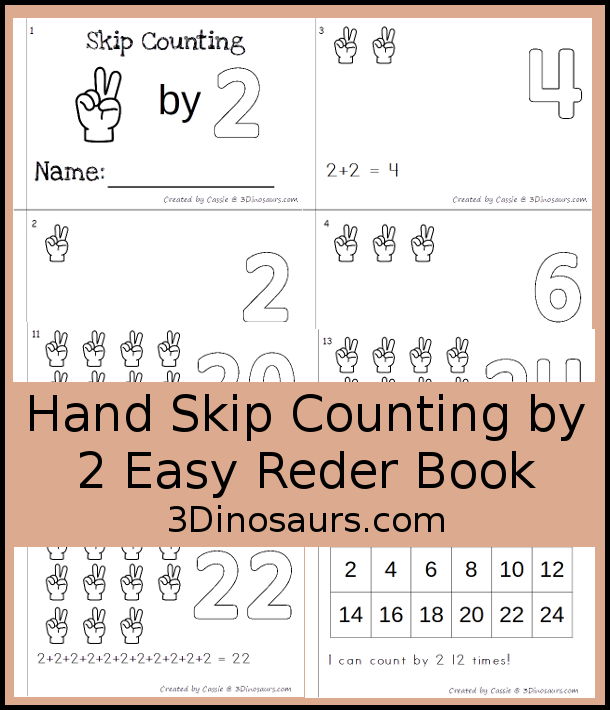 Free Hand Skip Counting by 2 Easy Reader Book - has an 14 page book with skip counting by 2 with visual skip counting by 2, 2 repeat addition, and numbers for the skip counting by 2 on each page for a great visual way to work on skip counting - 3Dinosaurs.com