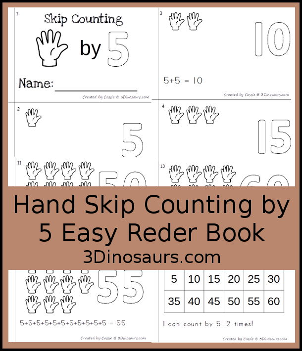 Free Hand Skip Counting by 5 Easy Reader Book - has an 14 page book with skip counting by 5 with visual skip counting by 5, 5 repeat addition, and numbers for the skip counting by 5 on each page for a great visual way to work on skip counting - 3Dinosaurs.com