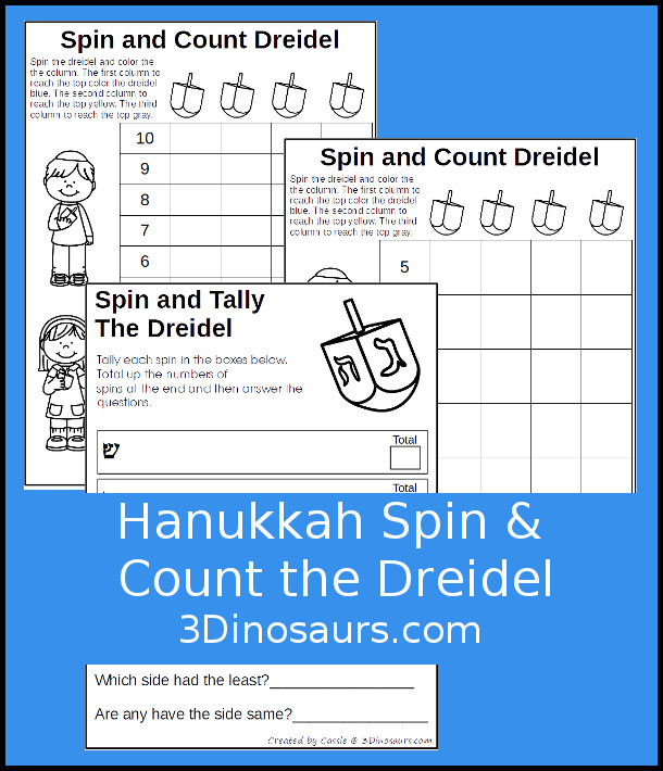 Free Hanukkah Spin & Count Dreidel - 2 graphs and one tally sheet to work on math with a dreidel - 3Dinosaurs.com #hanukkahforkids #freeprintables