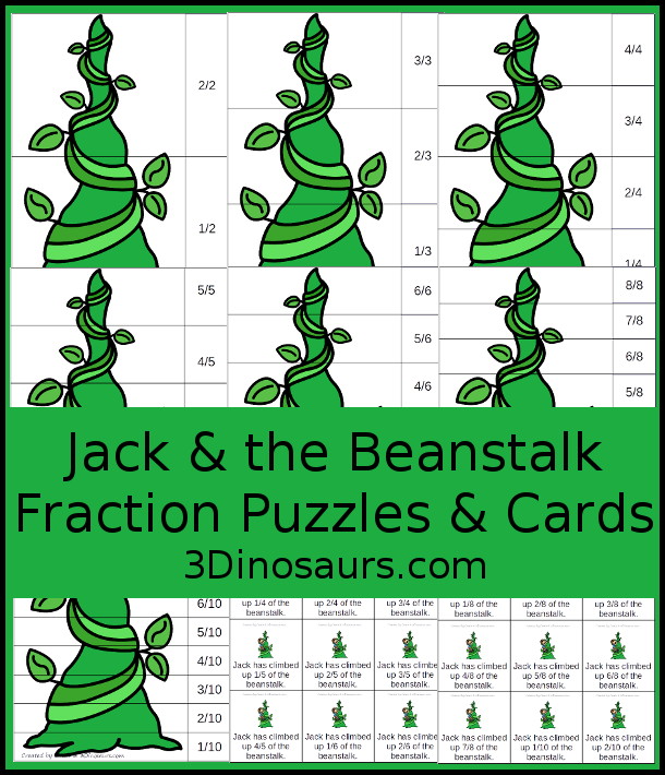 Free Beanstalk Fractions with Building Cards - You have fraction puzzles for 2, 3, 4, 5, 6, 8, and 10. You have building cards to use with the puzzles and puzzle building mat. A fun activity to make fractions and compare fractions.- 3Dinosaurs.com