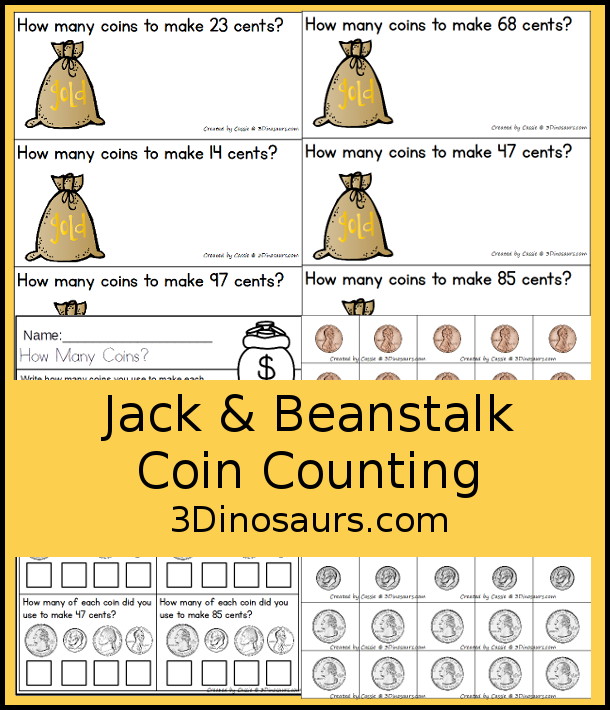 Free Jack and the Beanstalk Counting Coins Printable - has 6 task cards for counting coins up to a number and then a recording worksheet. This can be used with Jack and the Beanstalk and without it. - 3Dinosaurs.com