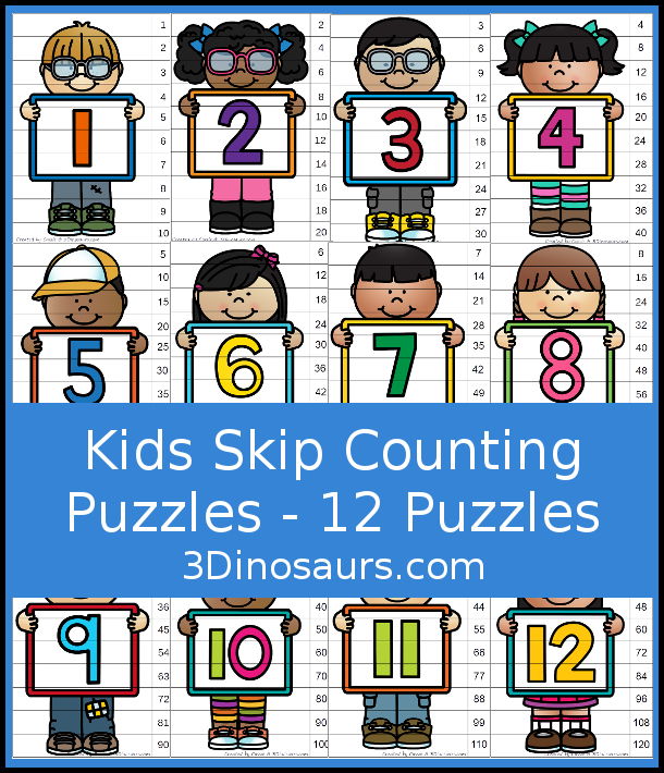 12 Free Kids Skip Counting Puzzles With Puzzles from Numbers 1 to 12 - A skip counting puzzle for each number with skip counting 10 times on each puzzle - 3Dinosaurs.com