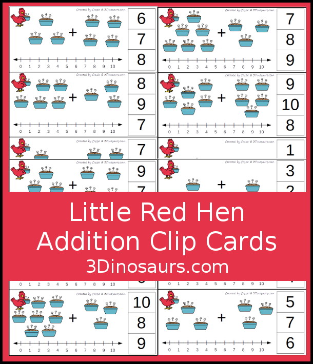 Free Little Red Hen Addition Clip Card Printables: Addition 1 to 10 - with addition done with loaves of bread and clip the answers on the side with a number line below to help with the addition. - 3Dinosaurs.com