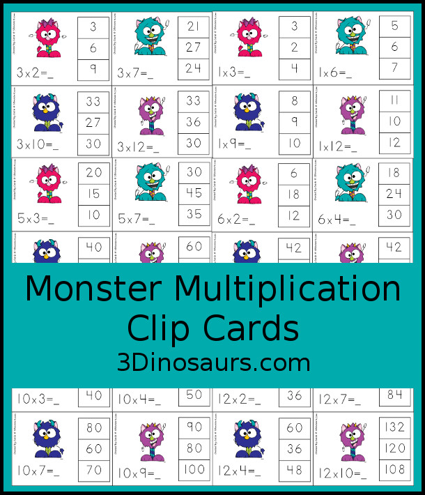 Free Monster Multiplication Clip Cards - 48 multiplication clip cards for multiplication numbers from 1 to 12 - 4 cards for each nubmer - 3Dinosaurs.com