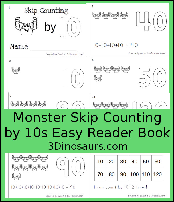 Free Monster Skip Counting by 10 Easy Reader Book - a fun easy reader book for kids to work on skip counting by 10 with monsters holding candy - 3Dinosaurs.com