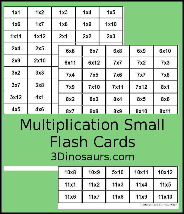 Free Mini Multiplication Flashcards - really small multiplication flashcards that work great in sensory bins or bottles and a fun and different way to work on multiplication. They have 1 to 12 and add on for 1 to 15.  - 3Dinosaurs.com