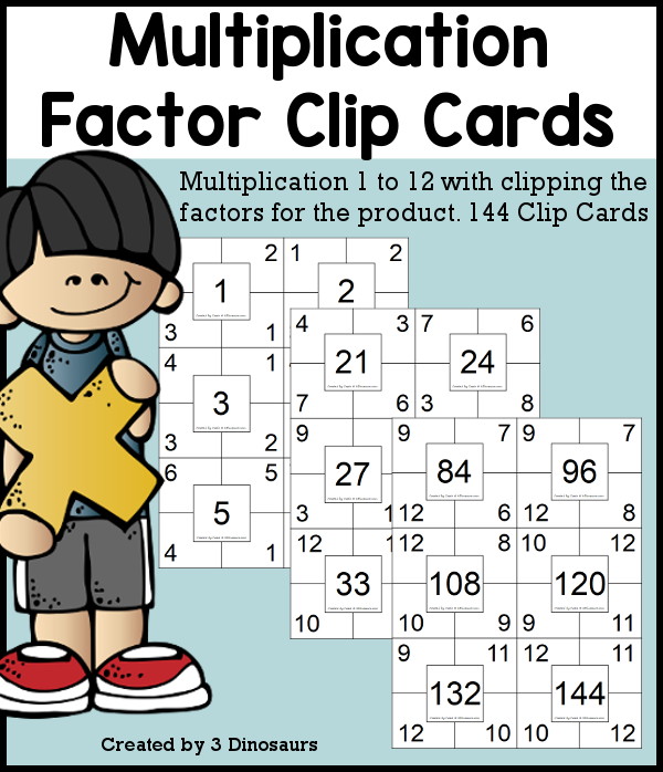 Multiplication Factor Clip Cards Set - number in the middle with clipping two numbers that multiply to make the number. A great multiplication practice for kids. - 3Dinosaurs.com