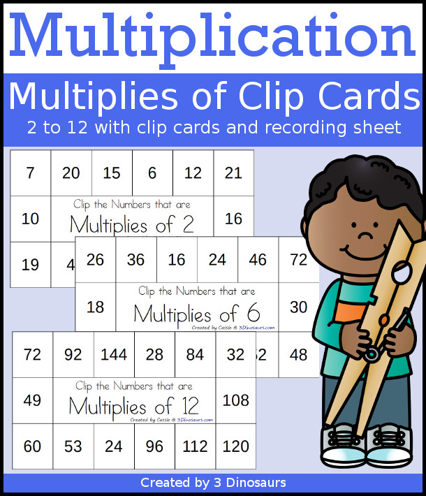 Multiplication: Multiplies of Clip Cards - a fun way to work on multiplication and skip counting numbers with clip cards and recording sheets. It works on number 2 to 12 - 3Dinosaurs.com