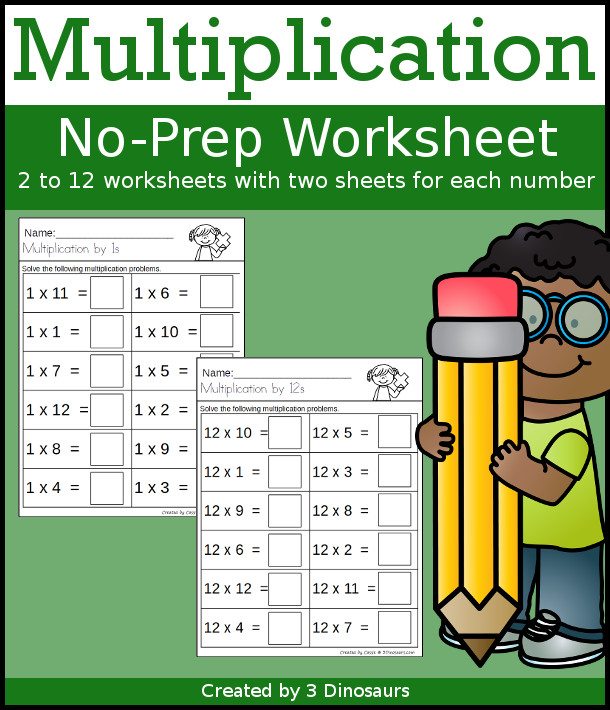 Multiplication Practice Worksheet Printable - no-prep multiplication worksheet that work numbers from 1 to 12 with two worksheets for each number - 3Dinosaurs.com