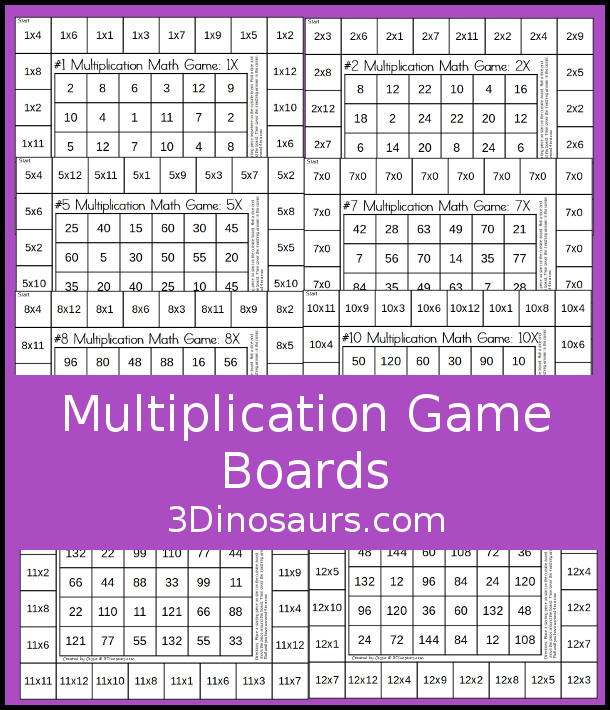 Free Multiplication Board Games - with 12 game boads to practice multiplication while having fun practice multiplication math facts - 3Dinosaurs.com