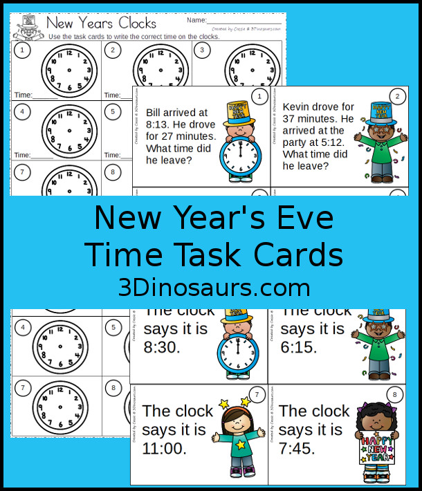Free New Years Clock Task Cards - 2 set of time telling task cards - writing time and doing addition or subtraction with time - 3Dinosaurs.com #tellingtimeforkids #newyearseve #taskcards #freeprintable 