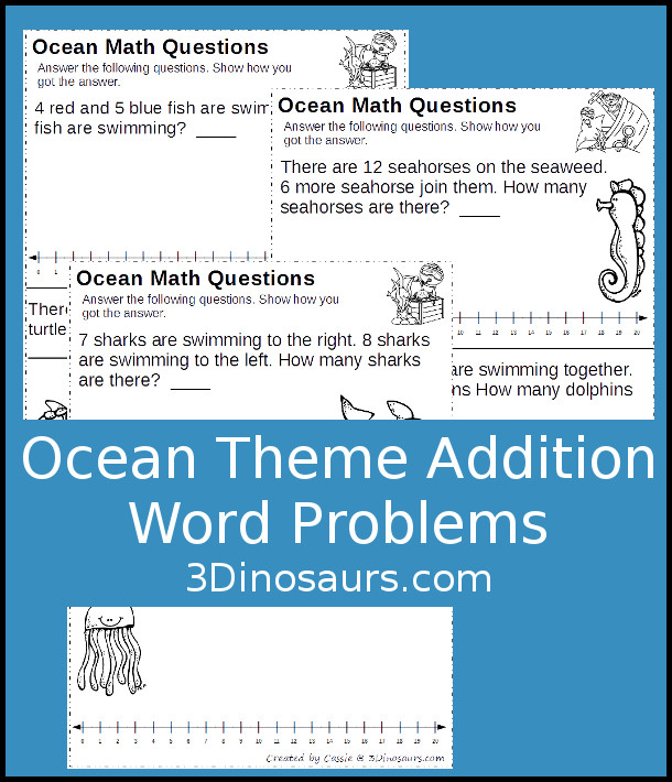 Free No-Prep Ocean Themed Addition Word Printables - 3 pages of no-prep addition word problems with numberline - 3Dinosaurs.com