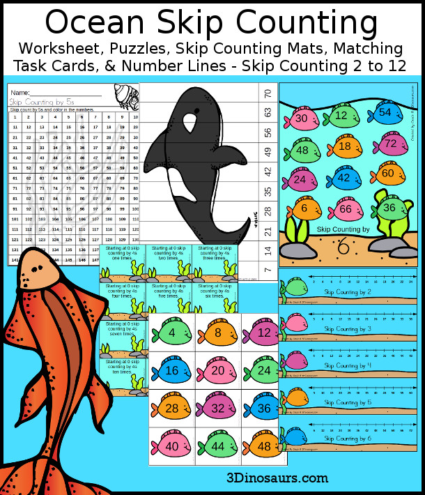 Ocean Skip Counting Set - with no-prep ocean worksheets, ocean skip counting mats, ocean skip counting 10 piece puzzles, and ocean task cards to work on skip counting from 2 to 12 - 3Dinosaurs.com