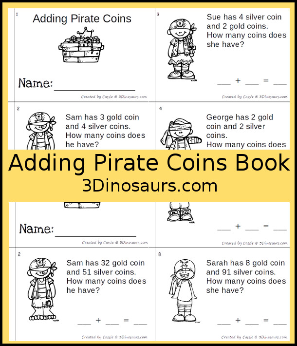 Free Adding Pirate Coins Easy Reader Books - two version single and double digit options - 3Dinosaurs.com