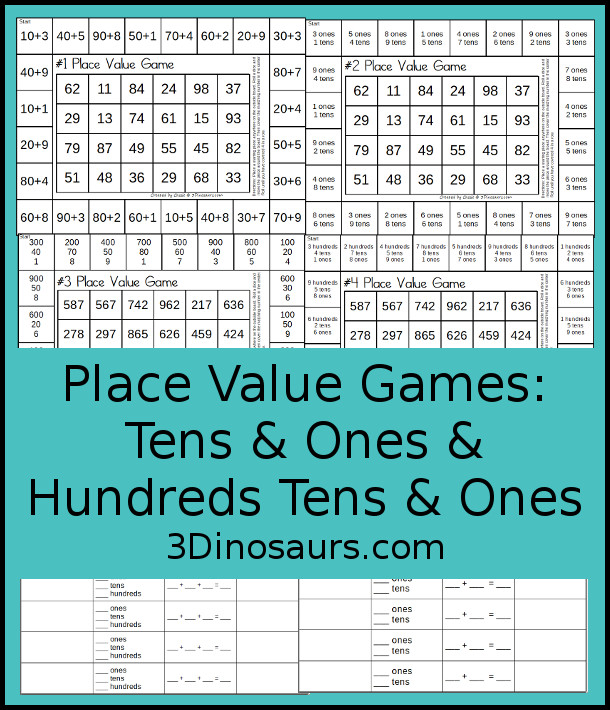 Free Place Value Games - a fun game style to work on place value for tens and ones or hundreds, tens, and ones  with two board options and recording sheets - 3Dinosaurs.com  #3dinosaurs #secondgrade #firstgrade #placevalue #handsonmath #freeprintable