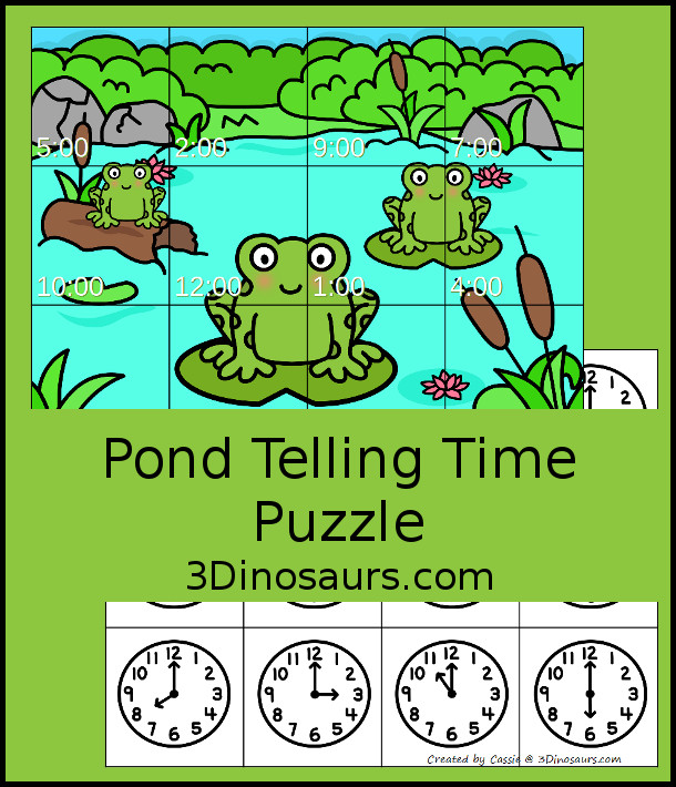 Free Pond Telling Time Puzzle - a fun 12 piece puzzles for telling time by the hour - 3Dinosaurs.com