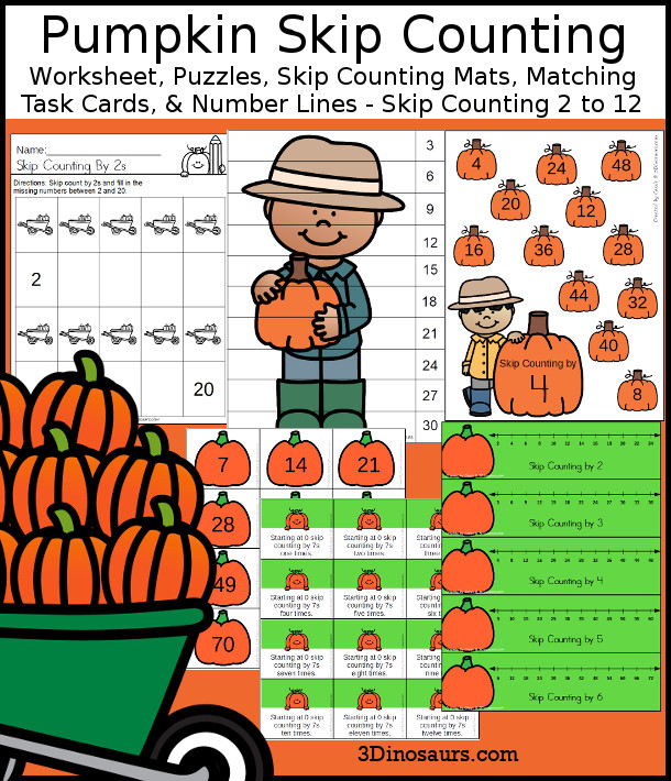 Pumpkin Skip Counting Activities - with no-prep packs, skip counting mats, skip counting 10 piece puzzles, and task cards to work on skip counting from 2 to 12 - 3Dinosaurs.com