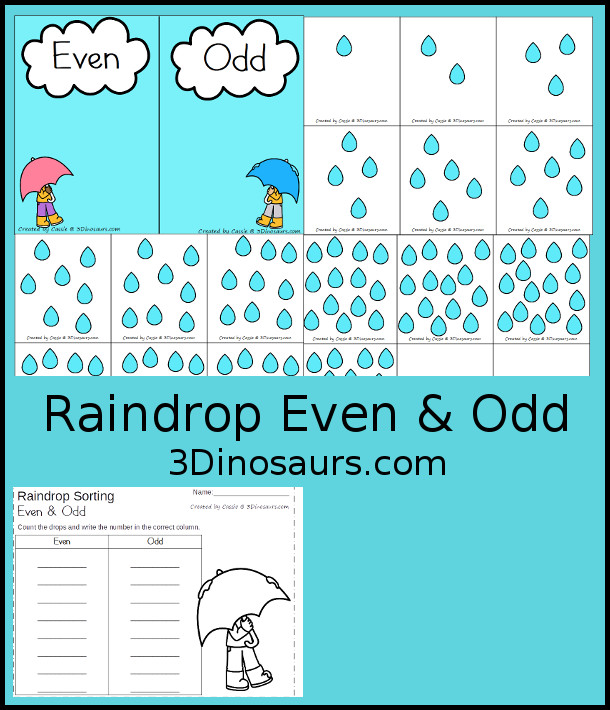 Free Hands-On Even and Odd Sorting Raindrops - with 5 pages of free printables to work on counting and sorting numbers for even and odd. Plus there is a recording sheet for the numbers - 3Dinosaurs.com