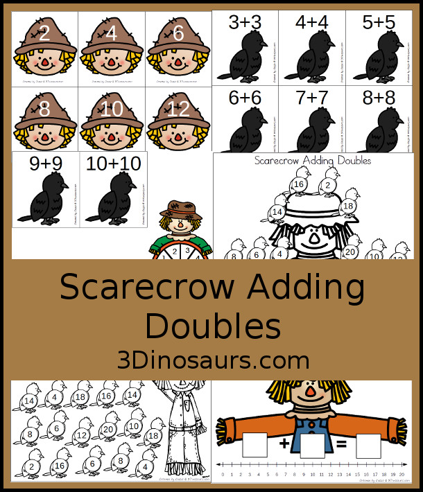 Free Scarecrow Adding Doubles Mini Set - a fun 10 page set working on adding doubles for kids in kindergarten and first grade with matching, hands-on and no-prep activities - 3Dinosaurs.com