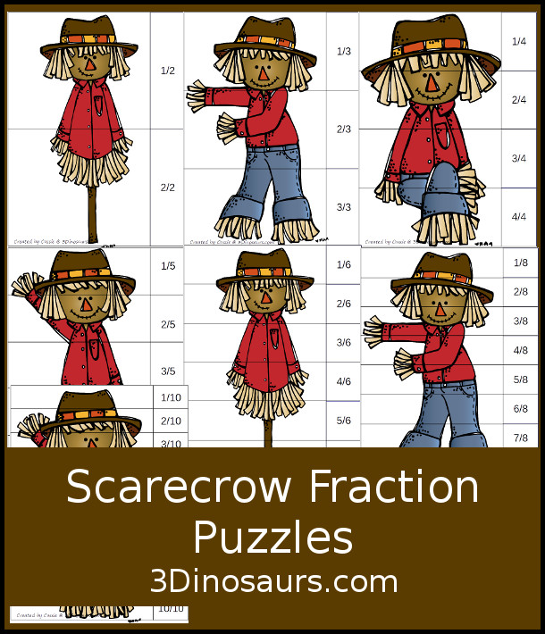 Free Scarecrow Fraction Puzzles - it has 7 fraction puzzles with 2, 3, 4, 5, 6, 8, 10 for the parts for the fractions  - 3Dinosaurs.com