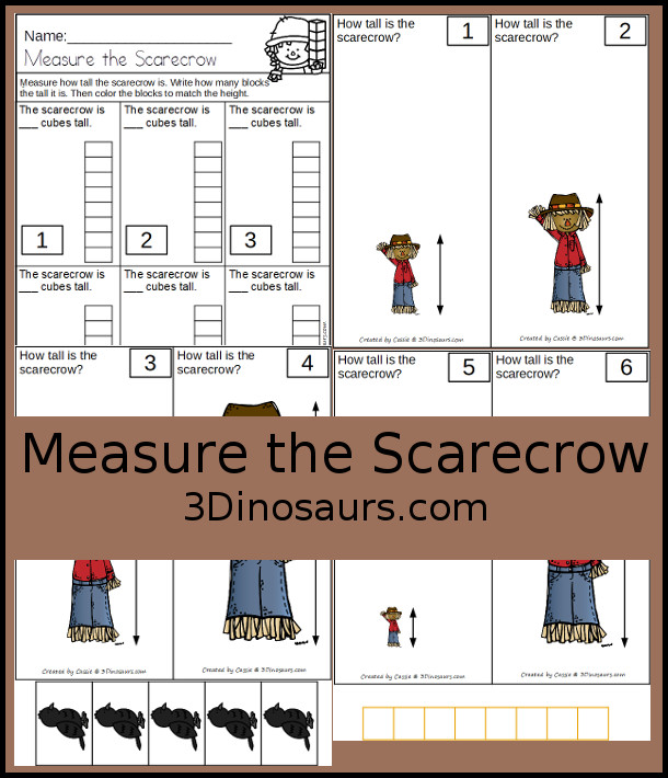 Free Measure the Scarecrow with 6 measuring scarecrow cards and 1 measuring recording worksheet for kids - 3Dinosaurs.com