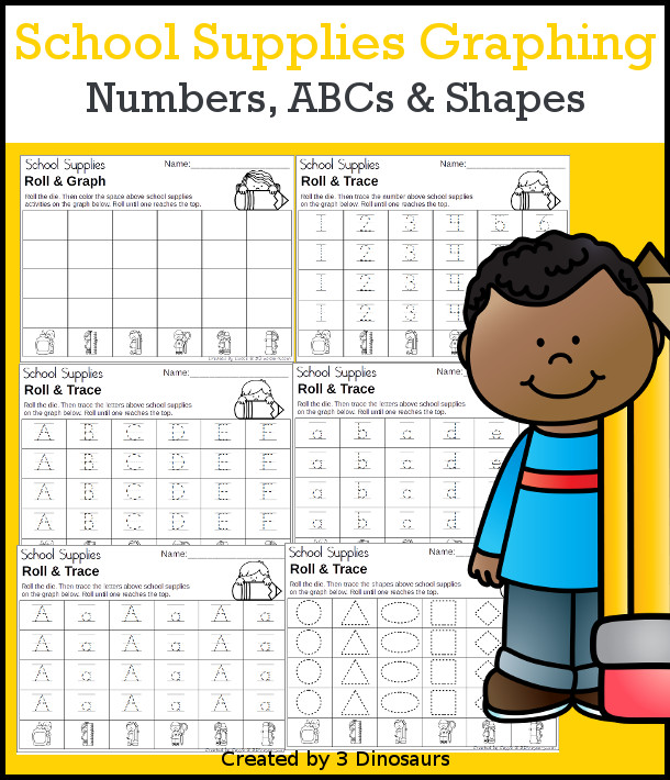 Easy to Use School Graphing Set - with graphing and 2 dice options plus graphing ABCs, numbers, and shapes - 3Dinosaurs.com #graphing #mathforkids #kindergarten #prek #backtoschool 