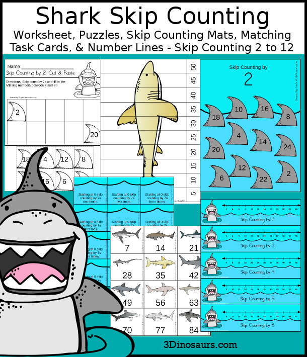 Shark Skip Counting Set - with no-prep shark worksheets, shark skip counting mats, shark skip counting 10 piece puzzles, and shark task cards to work on skip counting from 2 to 12 - 3Dinosaurs.com