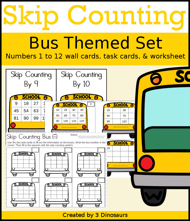 Bus Themed Skip Counting Set - a fun but themed skip counting set that works on nubmer 1 to 12 with wall cards and matching task cards and worksheets - 3Dinosaurs.com #noprepmath #tpt #addition #skipcounting