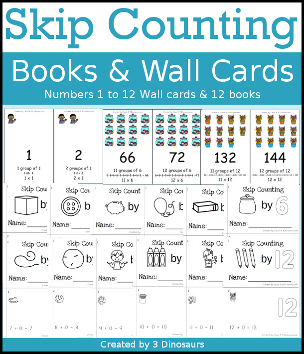 Skip Counting Books & Wall Cards - a fun easy reader book for kids to work on skip counting with different themes for numbers 1 to 12 with matching wall cards - 3Dinosaurs.com