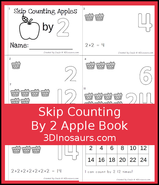 Free Skip Counting by 2 Apple Book - a fun easy reader book for kids to work on skip counting with apples by 2 - 3Dinosaurs.com