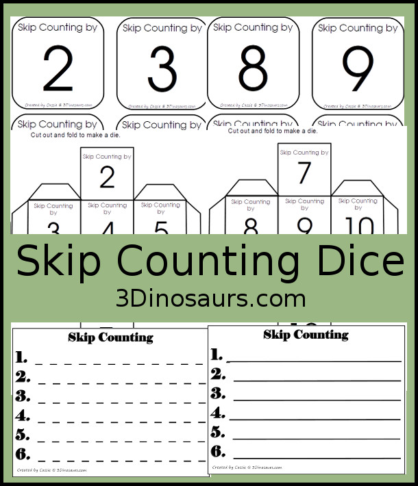 Free Skip Counting Dice Printable- with 11 skip counting dice inserts for 2 to 12 skip counting with three recording sheets - with  7 pages of printables- 3Dinosaurs.com