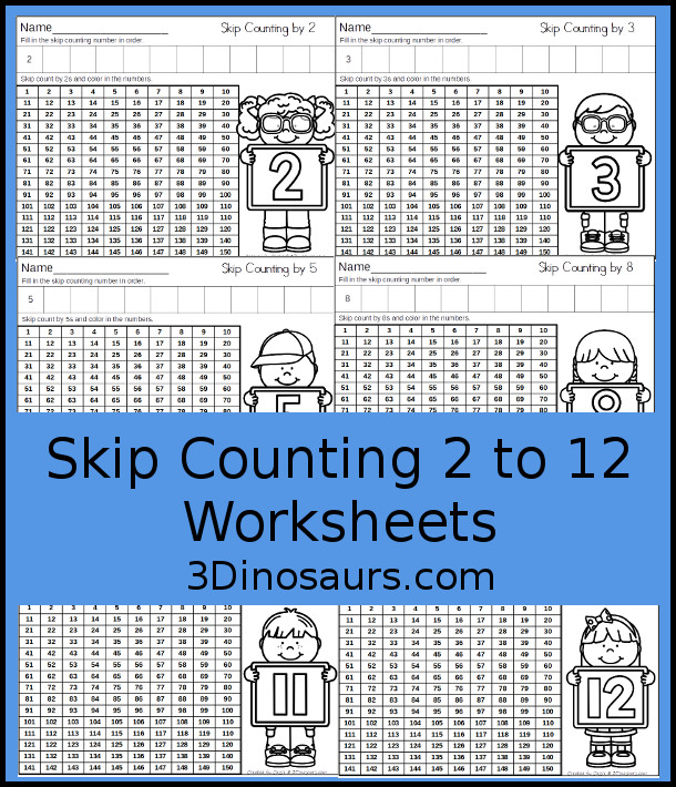 Free Skip counting 2 to 12 No-Prep Worksheet - with writing numbers and coloring in 150 chart for all the numbers 3Dinosaurs.com #3dinosaurs #nopreprintable #freeprintable #skipcounting #thirdgrade #secondgrade